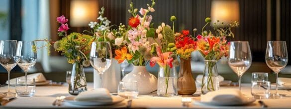 a beautifully arranged spring-themed table setting showcases an elegant array of vibrant vases filled with seasonal flowers.