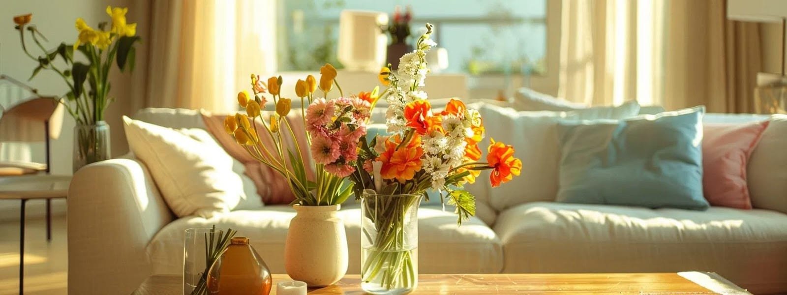 a stylishly arranged living room showcases elegant vases with vibrant flowers strategically placed on a sleek coffee table highlighting contemporary décor and creative floral styling tips for a refreshing spring ambiance a stylishly arranged living room showcases elegant vases with vibrant flowers strategically placed on a sleek coffee table highlighting contemporary décor and creative floral styling tips for a refreshing spring ambiance