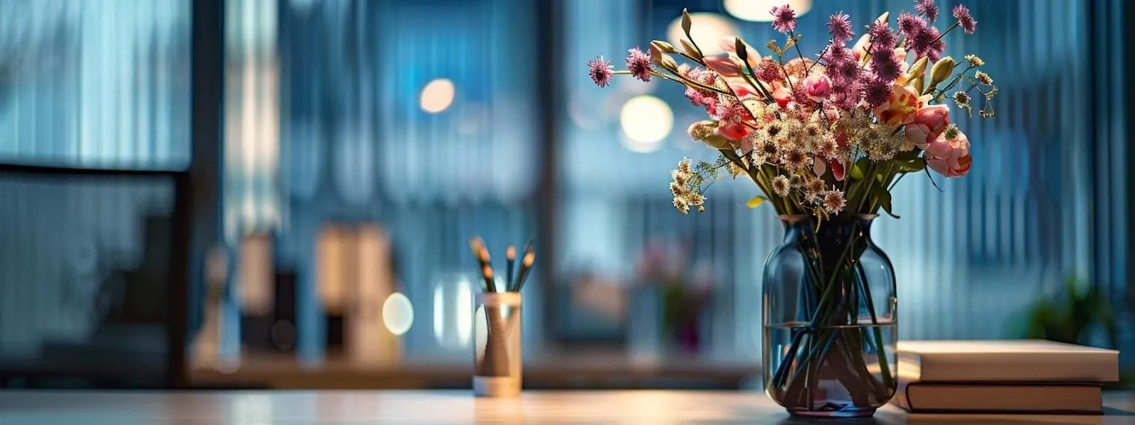 a beautifully arranged spring vase sits on a sleek office desk illuminated by warm ambient lighting showcasing vibrant blooms that draw attention while conveying a sense of elegance and maintenance care in a modern sophisticated workspace a beautifully arranged spring vase sits on a sleek office desk illuminated by warm ambient lighting showcasing vibrant blooms that draw attention while conveying a sense of elegance and maintenance care in a modern sophisticated workspace