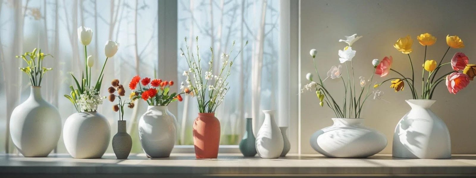 a stylish modern living room features an array of beautifully crafted ceramic and glass vases each showcasing vibrant spring flowers against a sleek backdrop of minimalist decor a stylish modern living room features an array of beautifully crafted ceramic and glass vases each showcasing vibrant spring flowers against a sleek backdrop of minimalist decor