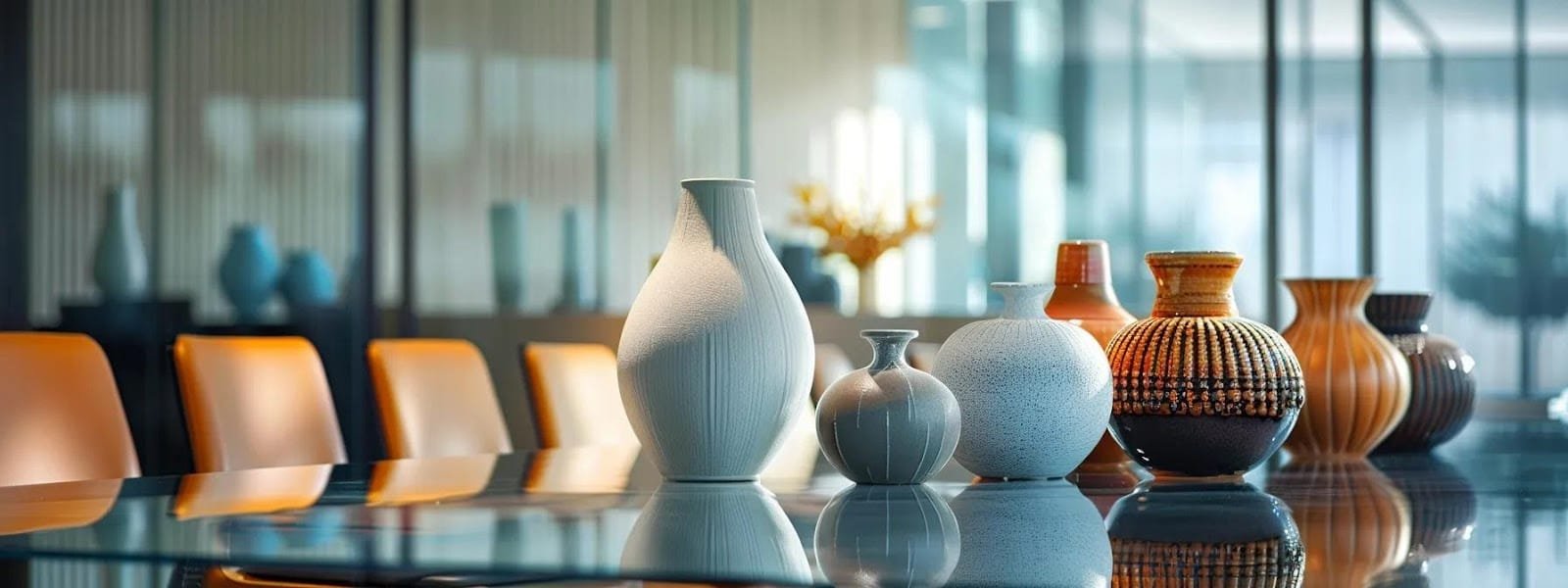 Size Variations in Our Spring Vases Price Range Insights wowwantscom a polished modern office setting showcases a series of elegantly designed vases in various sizes artfully arranged on a sleek conference table highlighting their unique shapes and vibrant colors against a backdrop of minimalist décor