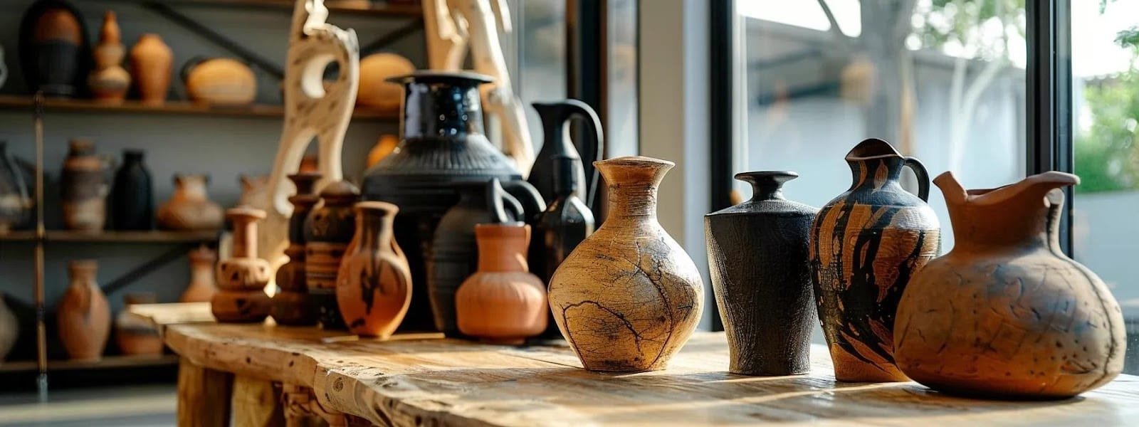 a sleek modern office setting showcases a vibrant display of handcrafted vases with intricate designs highlighting the contrast between artisanal quality and massproduced alternatives on an elegant wooden table a sleek modern office setting showcases a vibrant display of handcrafted vases with intricate designs highlighting the contrast between artisanal quality and mass produced alternatives on an elegant wooden table