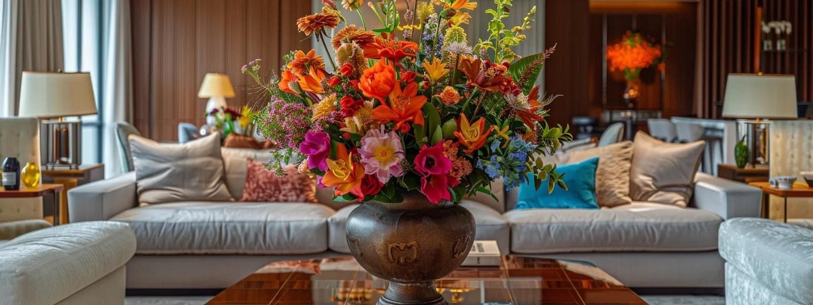 a lavishly adorned living room showcases a stunning floral display in a large ornate vase filled with vibrant lush bouquets contrasting beautifully against the sleek modern furniture and subtle decorative accents a lavishly adorned living room showcases a stunning floral display in a large ornate vase filled with vibrant lush bouquets contrasting beautifully against the sleek modern furniture and subtle decorative accents