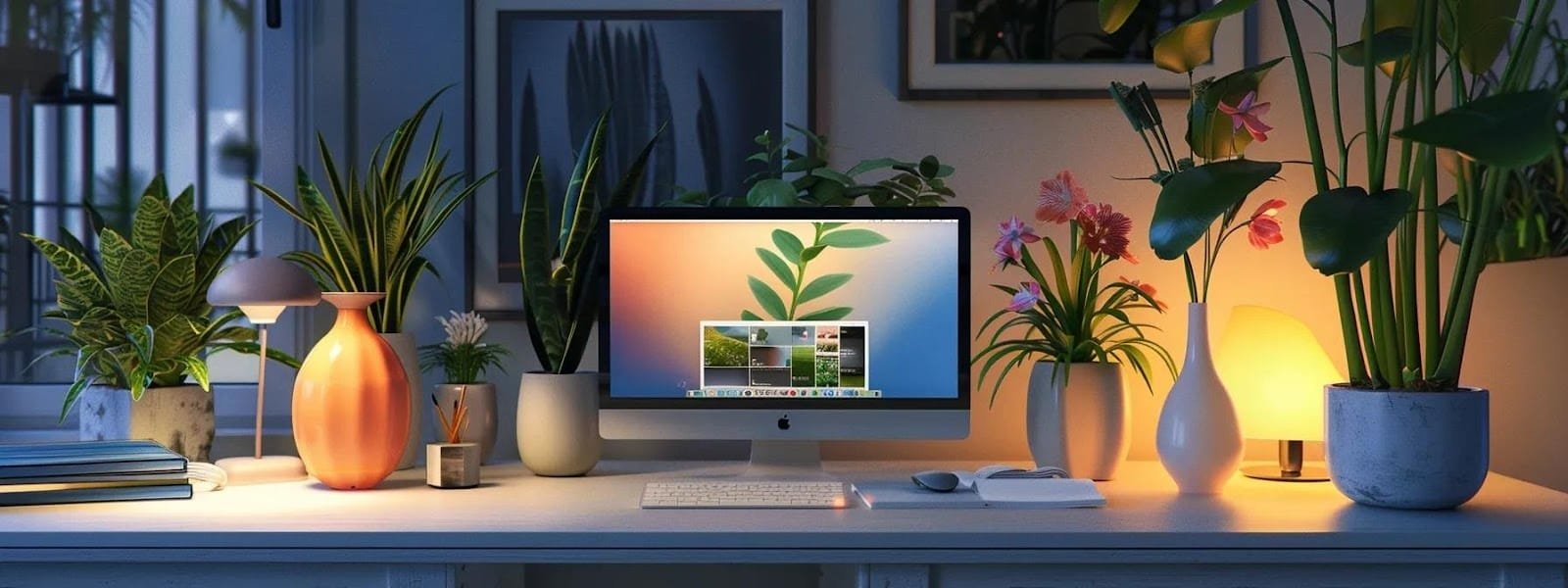 a modern sleek home office setup features an elegantly styled desktop adorned with various spring vases of vibrant colors and shapes alongside a laptop displaying an open online shop all illuminated by soft warm lighting to create an inviting ambiance a modern sleek home office setup features an elegantly styled desktop adorned with various spring vases of vibrant colors and shapes alongside a laptop displaying an open online shop all illuminated by soft warm lighting to create an inviting ambiance