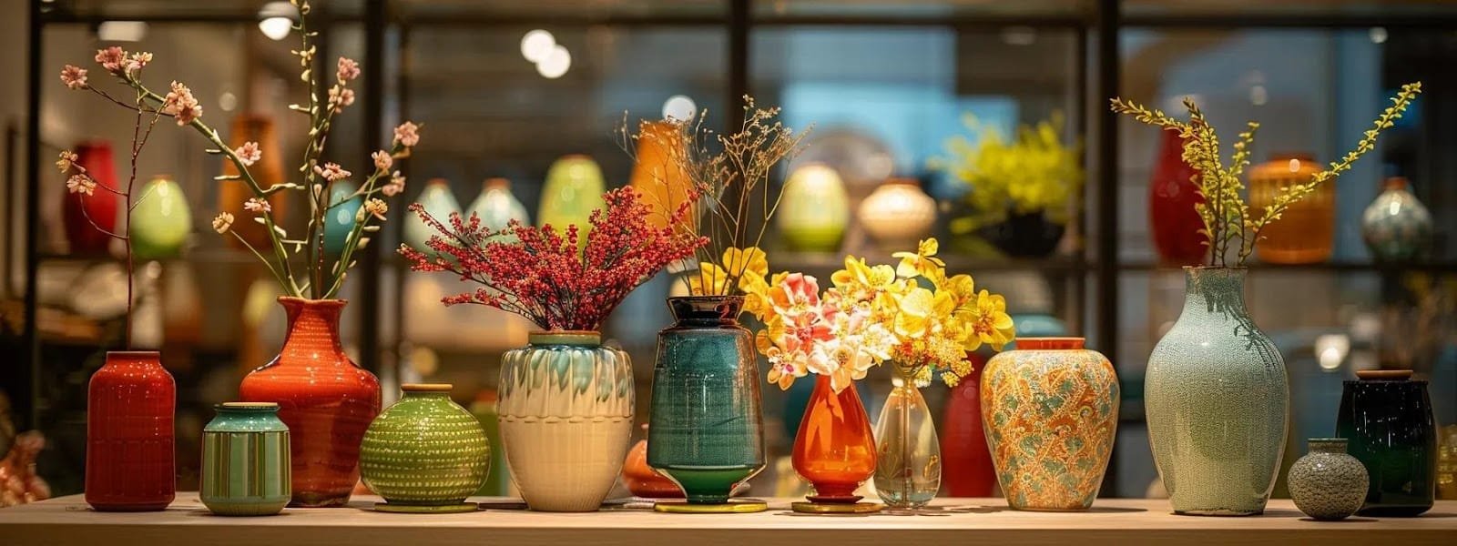 a vibrant and stylish display of various spring vases set on a chic minimalist table inside a modern boutique décor shop showcasing their diverse designs and colors under warm inviting lighting a vibrant and stylish display of various spring vases set on a chic minimalist table inside a modern boutique décor shop showcasing their diverse designs and colors under warm inviting lighting