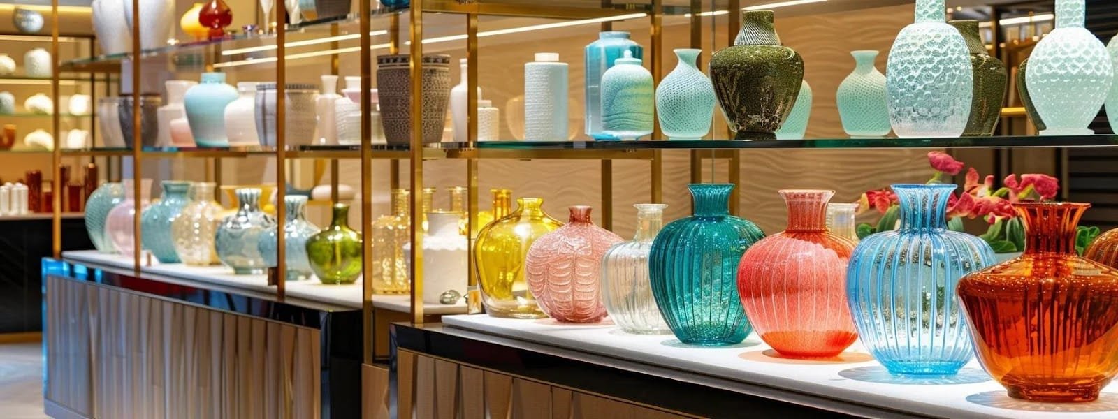 a stylish welllit boutique interior showcases an elegant display of vibrant ceramic and glass spring vases emphasizing their quality and unique design against a backdrop of refined decor elements a stylish well lit boutique interior showcases an elegant display of vibrant ceramic and glass spring vases emphasizing their quality and unique design against a backdrop of refined decor elements