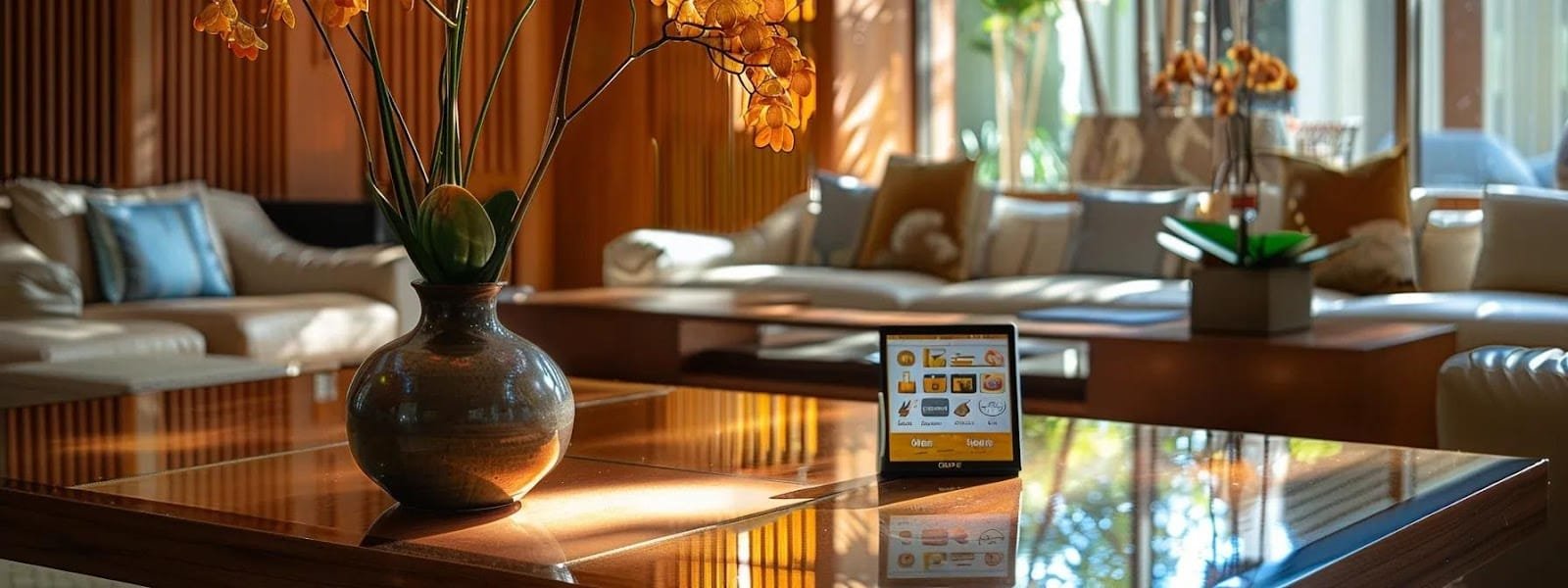 a modern stylish interior showcases an elegant vase prominently displayed on a polished wooden table with a digital tablet nearby displaying glowing reviews and images from satisfied customers creating an inviting and informative ambiance for discerning shoppers a modern stylish interior showcases an elegant vase prominently displayed on a polished wooden table with a digital tablet nearby displaying glowing reviews and images from satisfied customers creating an inviting and informative ambiance for discerning shoppers
