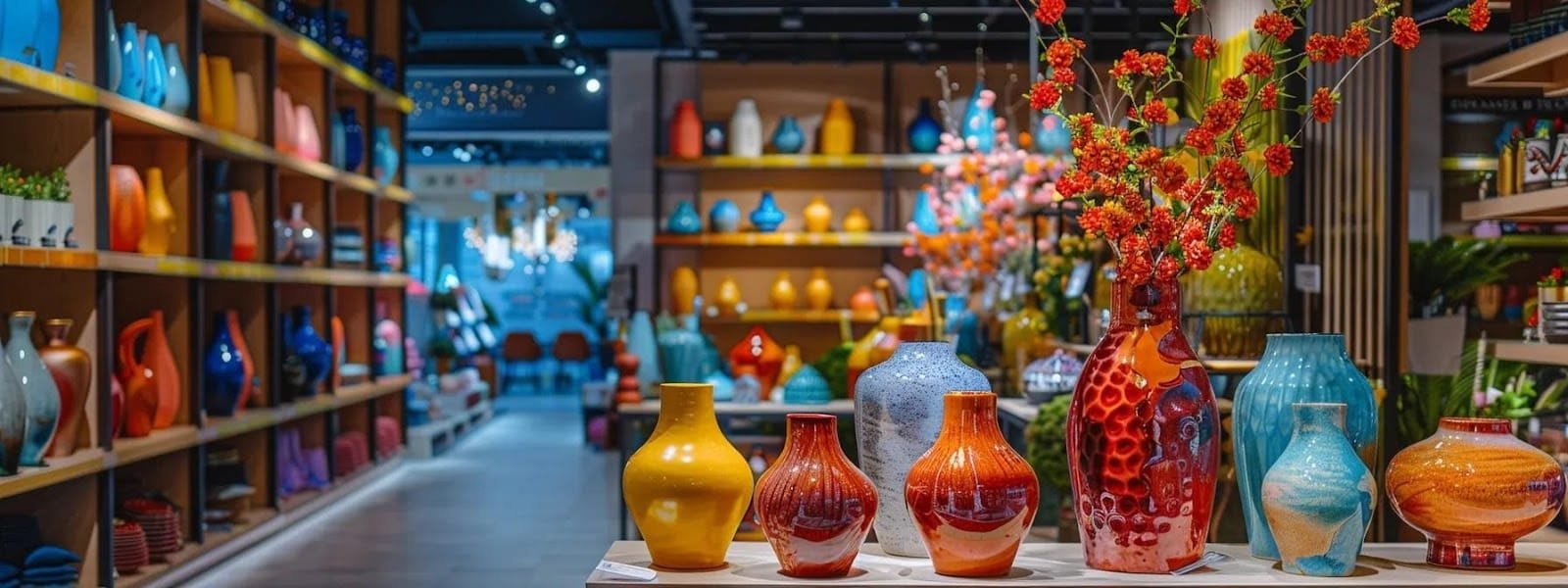 a vibrant indoor shopping display showcases an eclectic array of spring vases in diverse designs and materials illuminated by soft artificial lighting that highlights their unique colors and textures in a stylish retail environment a vibrant indoor shopping display showcases an eclectic array of spring vases in diverse designs and materials illuminated by soft artificial lighting that highlights their unique colors and textures in a stylish retail environment