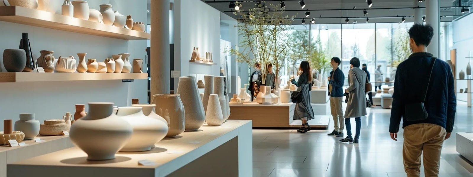 a modern welllit showroom features an array of elegantly designed vases on minimalist shelves with shoppers actively engaging in discussions about materials and maintenance tips a modern well lit showroom features an array of elegantly designed vases on minimalist shelves with shoppers actively engaging in discussions about materials and maintenance tips