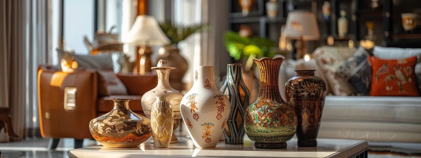 a stylish living room showcases an array of vases contrasting modern minimalist designs with vintage ornate pieces highlighting their distinct aesthetic and pricing differences under warm elegant indoor lighting a stylish living room showcases an array of vases contrasting modern minimalist designs with vintage ornate pieces highlighting their distinct aesthetic and pricing differences under warm elegant indoor lighting