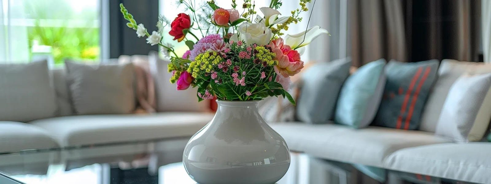 a chic modern living room showcases a stunning ceramic vase filled with vibrant spring flowers elegantly arranged on a sleek glass coffee table against a backdrop of stylish decor elements a chic modern living room showcases a stunning ceramic vase filled with vibrant spring flowers elegantly arranged on a sleek glass coffee table against a backdrop of stylish decor elements