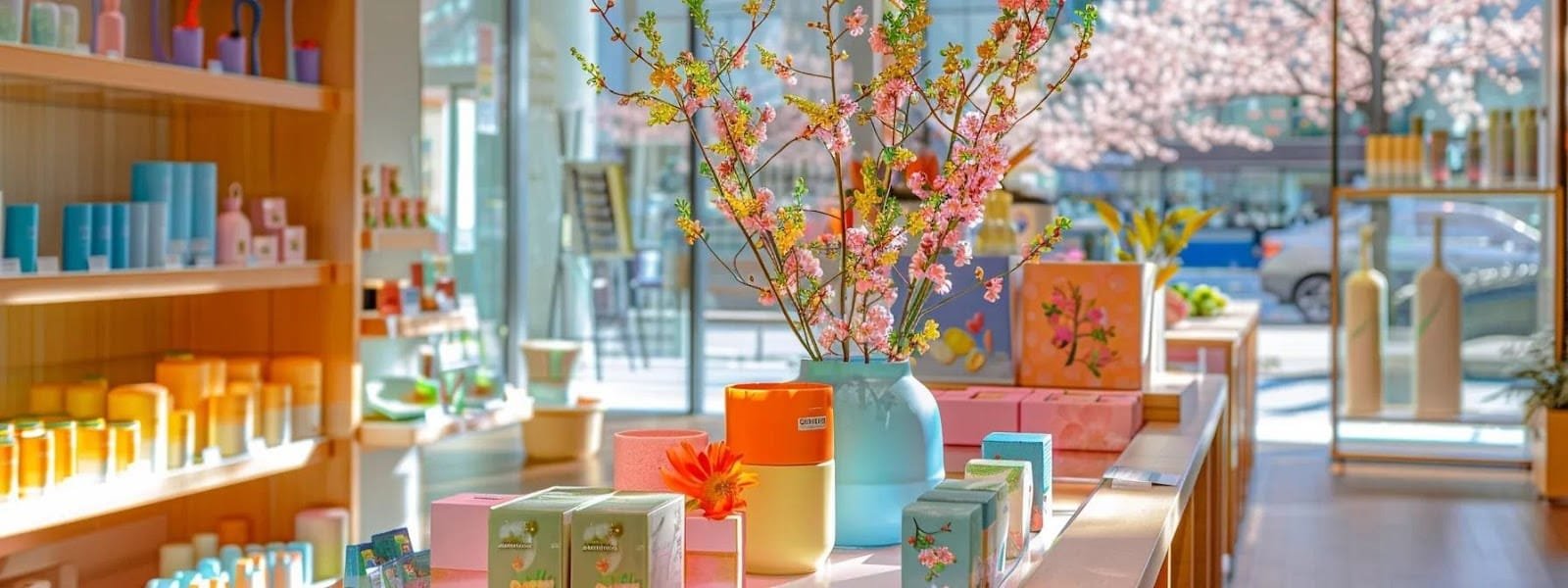 a vibrant and inviting retail space showcases an array of colorful spring vases prominently displayed on sleek shelves while cheerful promotional banners highlight enticing discounts and seasonal offers a vibrant and inviting retail space showcases an array of colorful spring vases prominently displayed on sleek shelves while cheerful promotional banners highlight enticing discounts and seasonal offers