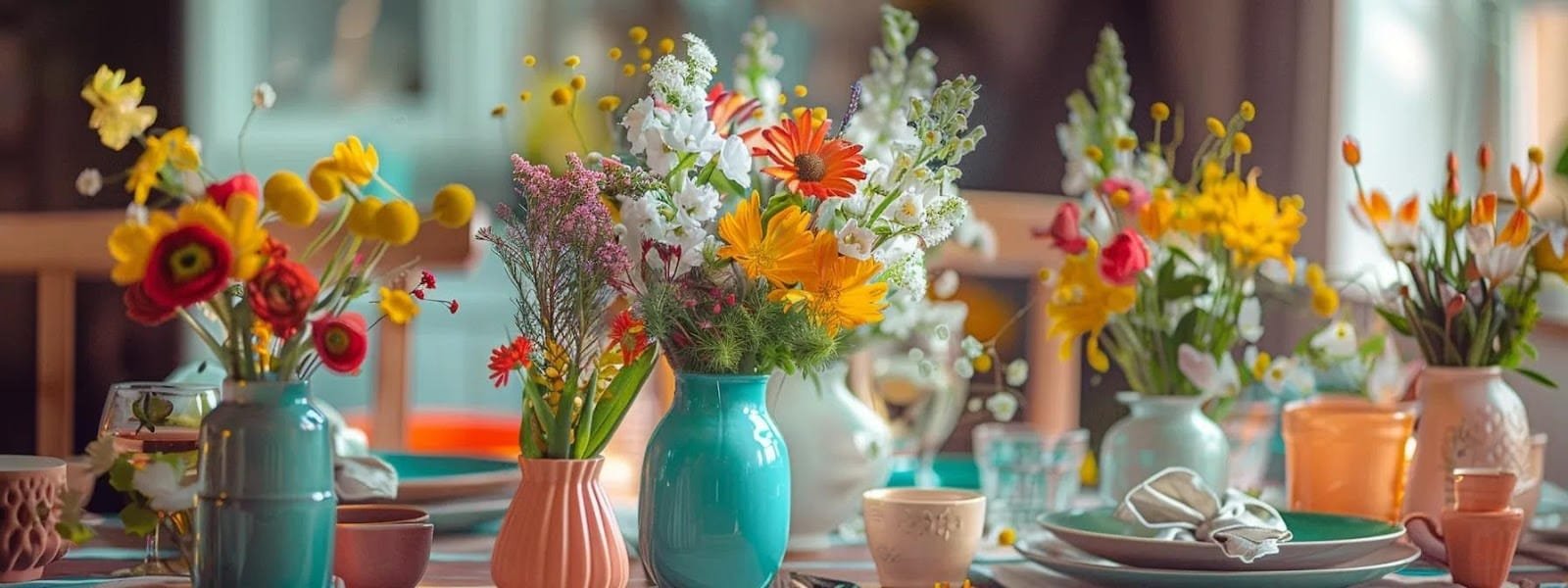 a beautifully arranged springthemed table setting showcases an elegant array of vibrant vases filled with seasonal flowers accentuating the festive spirit of easter and mothers day in a stylish indoor dining space a beautifully arranged spring themed table setting showcases an elegant array of vibrant vases filled with seasonal flowers accentuating the festive spirit of easter and mothers day in a stylish indoor dining space