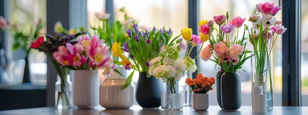 an elegant array of various vase materialsincluding glass ceramic and metaldisplaying vibrant spring flowers in a sleek modern office setting highlighting the contrast between their textures and the fresh blooms with sharp lighting emphasizing their clarity and design an elegant array of various vase materialsincluding glass ceramic and metaldisplaying vibrant spring flowers in a sleek modern office setting highlighting the contrast between their textures and the fresh blooms with sharp lighting emphasizing their clarity and design