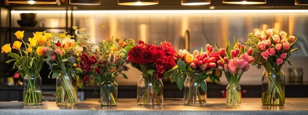 image wowwantscom a sleek modern kitchen countertop displays a variety of vibrant flowers arranged in stylish glass vases illuminated by warm overhead lighting highlighting essential vase care techniques and creating an inviting atmosphere