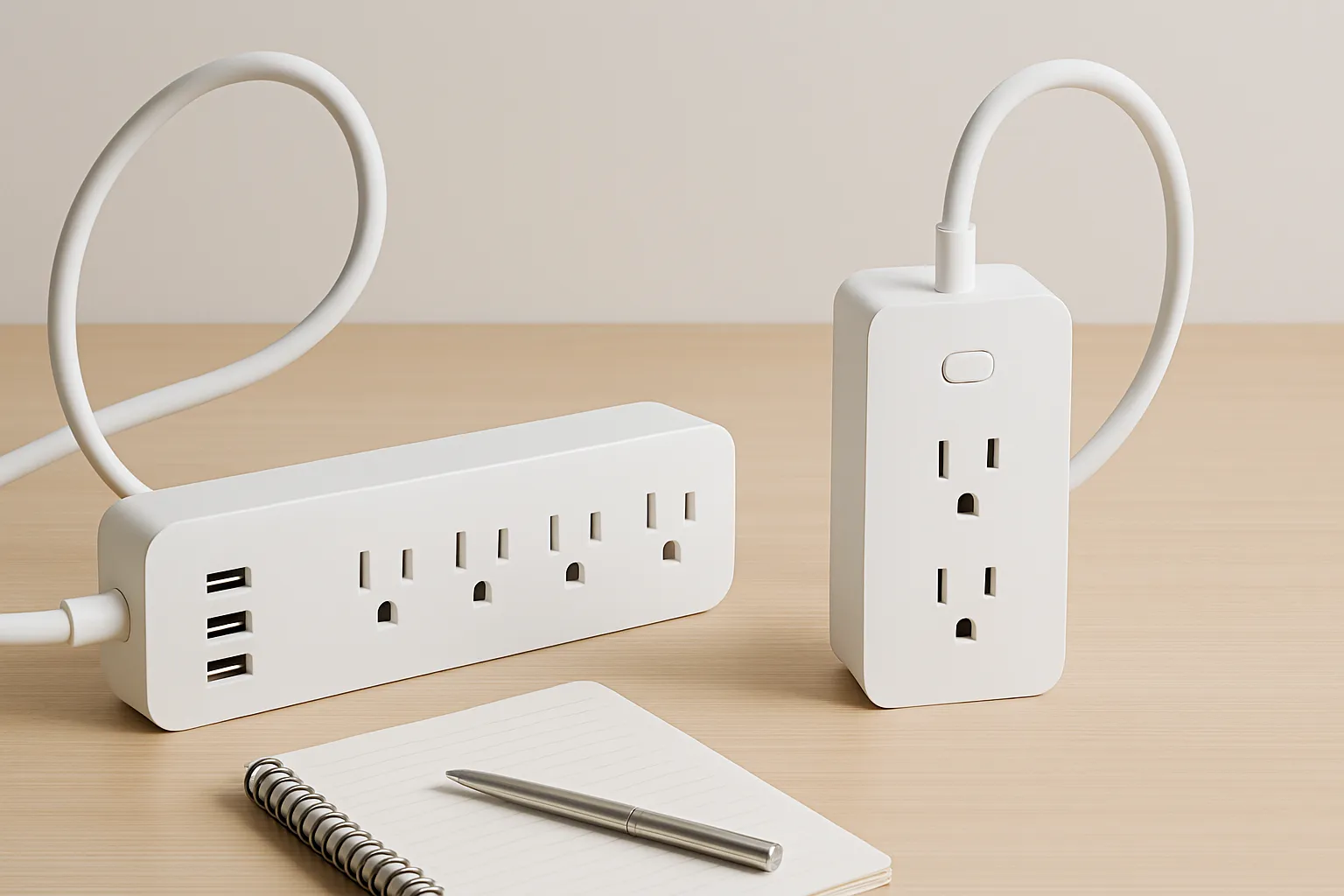 Six different power strip models arranged on desk showing outlet configurations, USB ports, and cord lengths