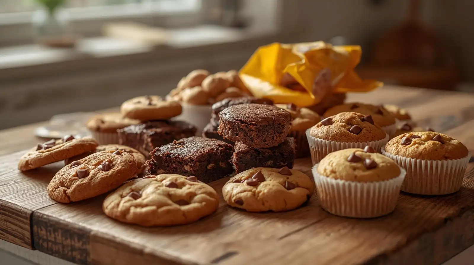 Bakery snacks treats including cookies, brownies, pastries, and packaged baked snacks on a wooden table
