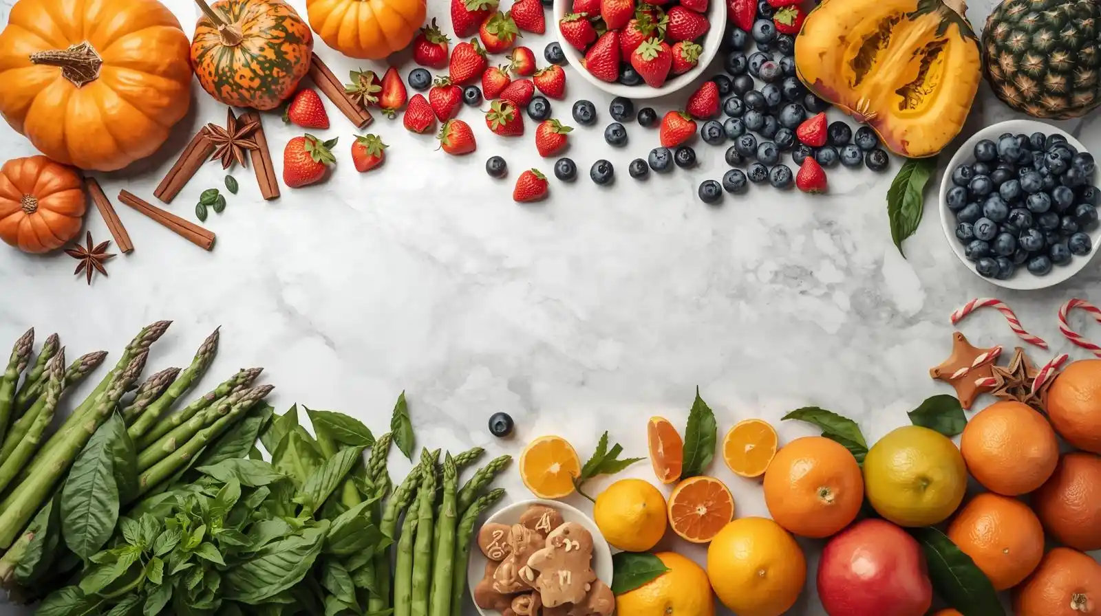 Best seasonal foods from Amazon arranged by season showing pumpkin products, summer fruits, spring vegetables, and winter holiday treats