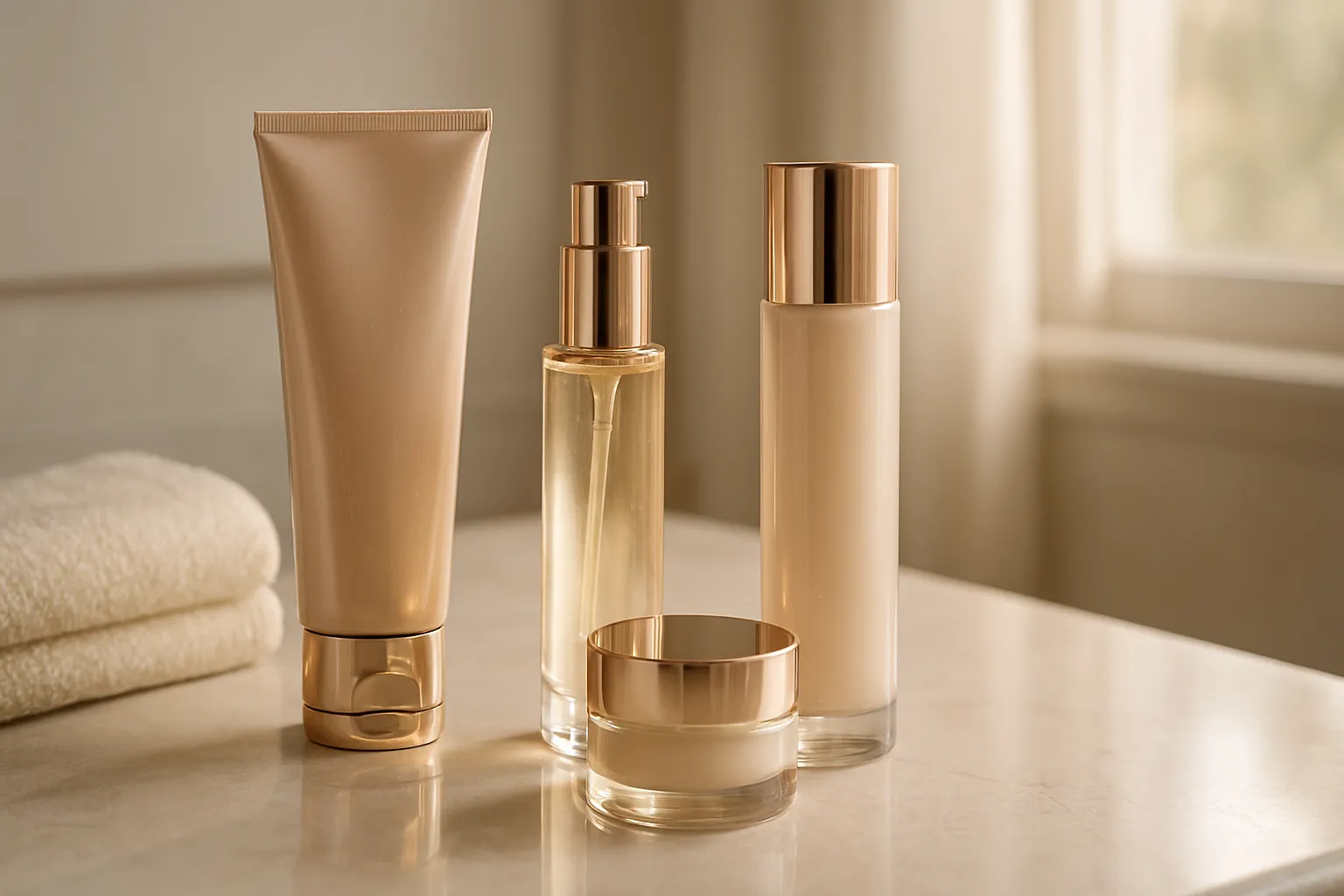 JLo Beauty skincare products displayed in a luxury setting highlighting glowing skin and radiant complexion