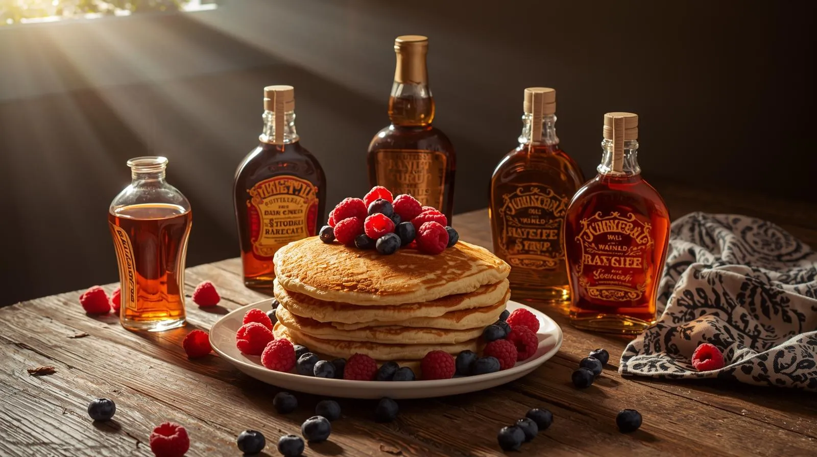 Best breakfast syrups comparison showing maple syrup, sugar-free syrup, and flavored pancake syrups on wooden breakfast table with pancakes