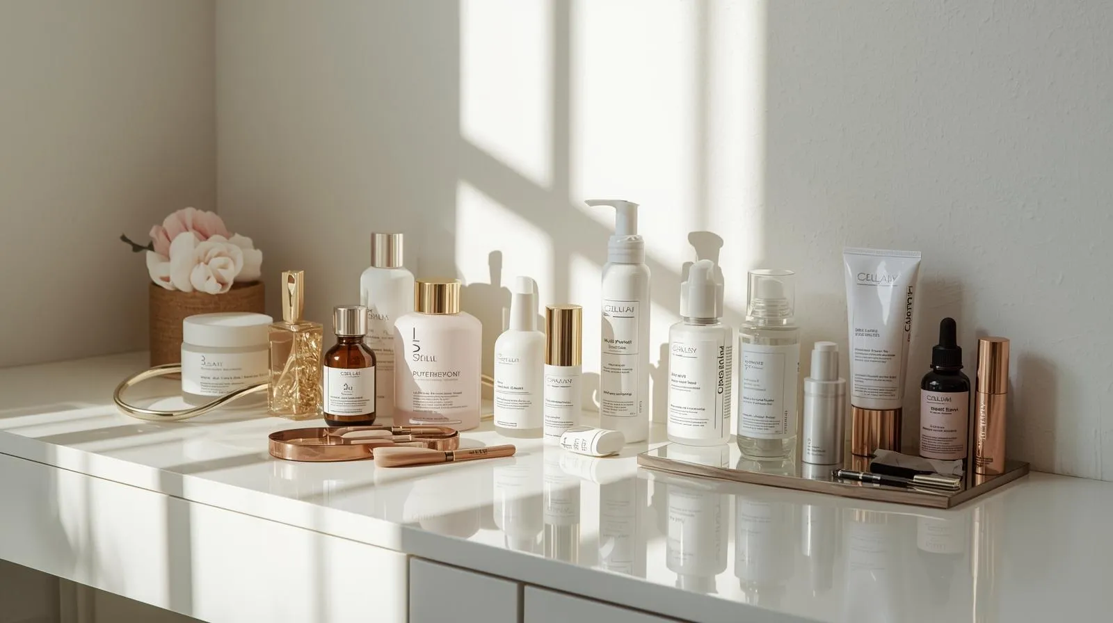 Best beauty products on Amazon including skincare, makeup, and personal care essentials arranged on a vanity